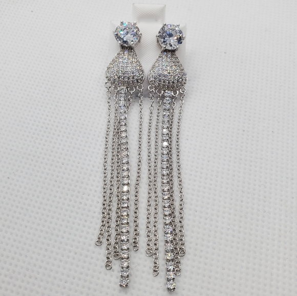 Silver 925 CZ Teardrop Chain Dangling Earrings - Picture 4 of 9